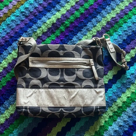 Coach Blue Denim and Gray Signature Crossbody with Metallic Band - Picture 6 of 10